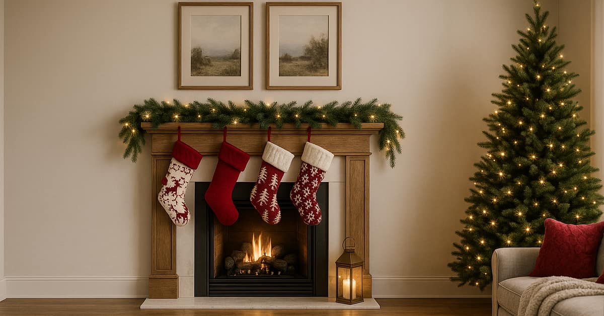 christmas home decor ideas cozy living room with garlanded mantel stockings and a lit tree