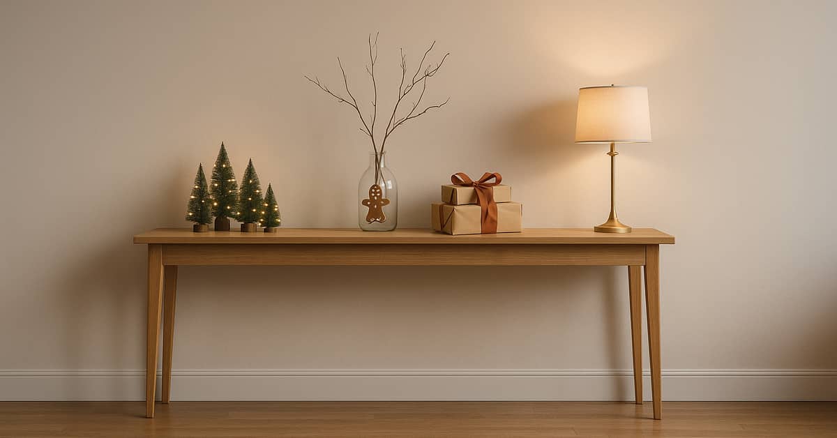 Console styled for a holiday party with mini bottle-brush trees, a gingerbread ornament, and gift boxes with ribbon bows