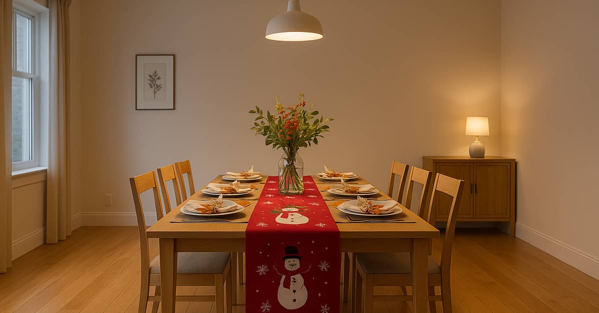 Dining table with red snowflake runner, greenery and berry centerpiece, snowflake napkin charms
