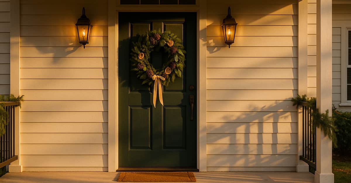 Front door at dusk with evergreen wreath and warm porch lights welcoming guests