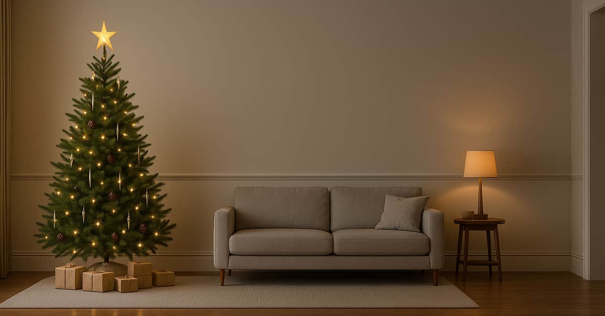 Lit Christmas tree with icicle ornaments and a gold LED star topper, wrapped gifts below