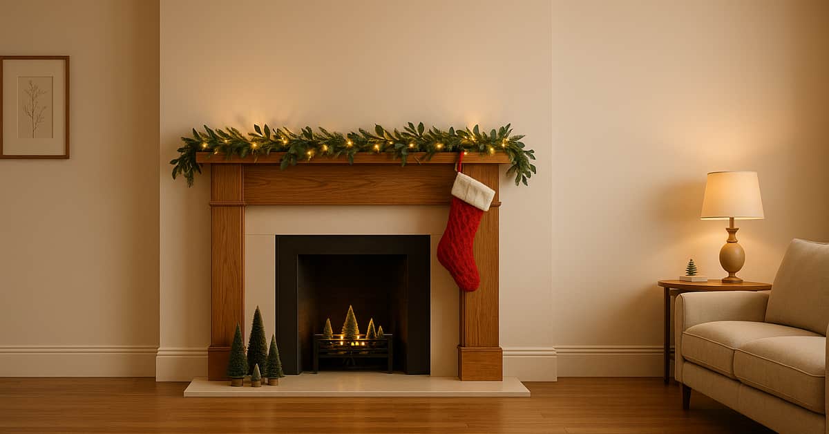 Wood mantel with ruscus garland and micro lights, mini bottle-brush trees, and a knit stocking
