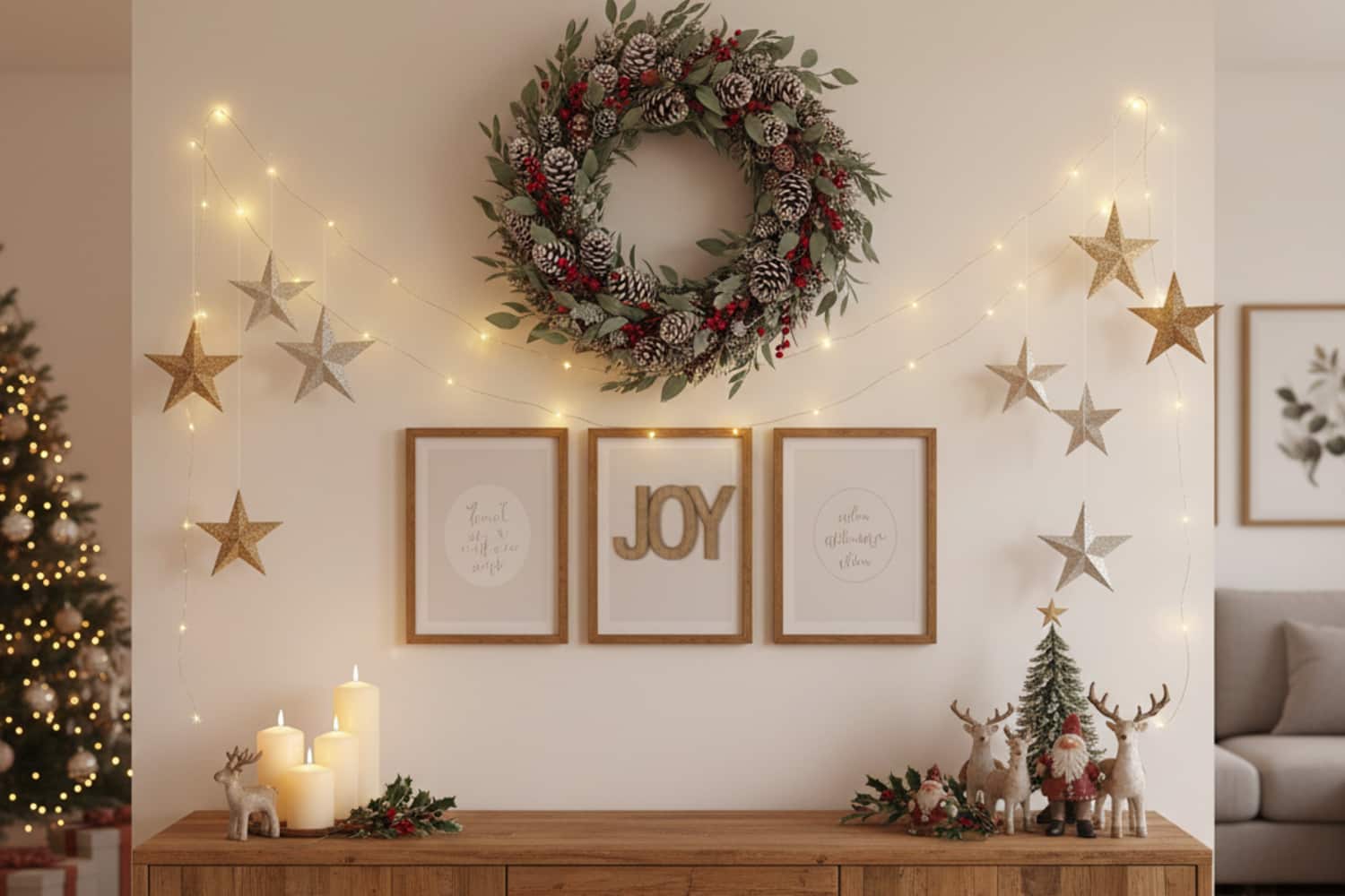 Festive wall decor with wreath, stars and fairy lights