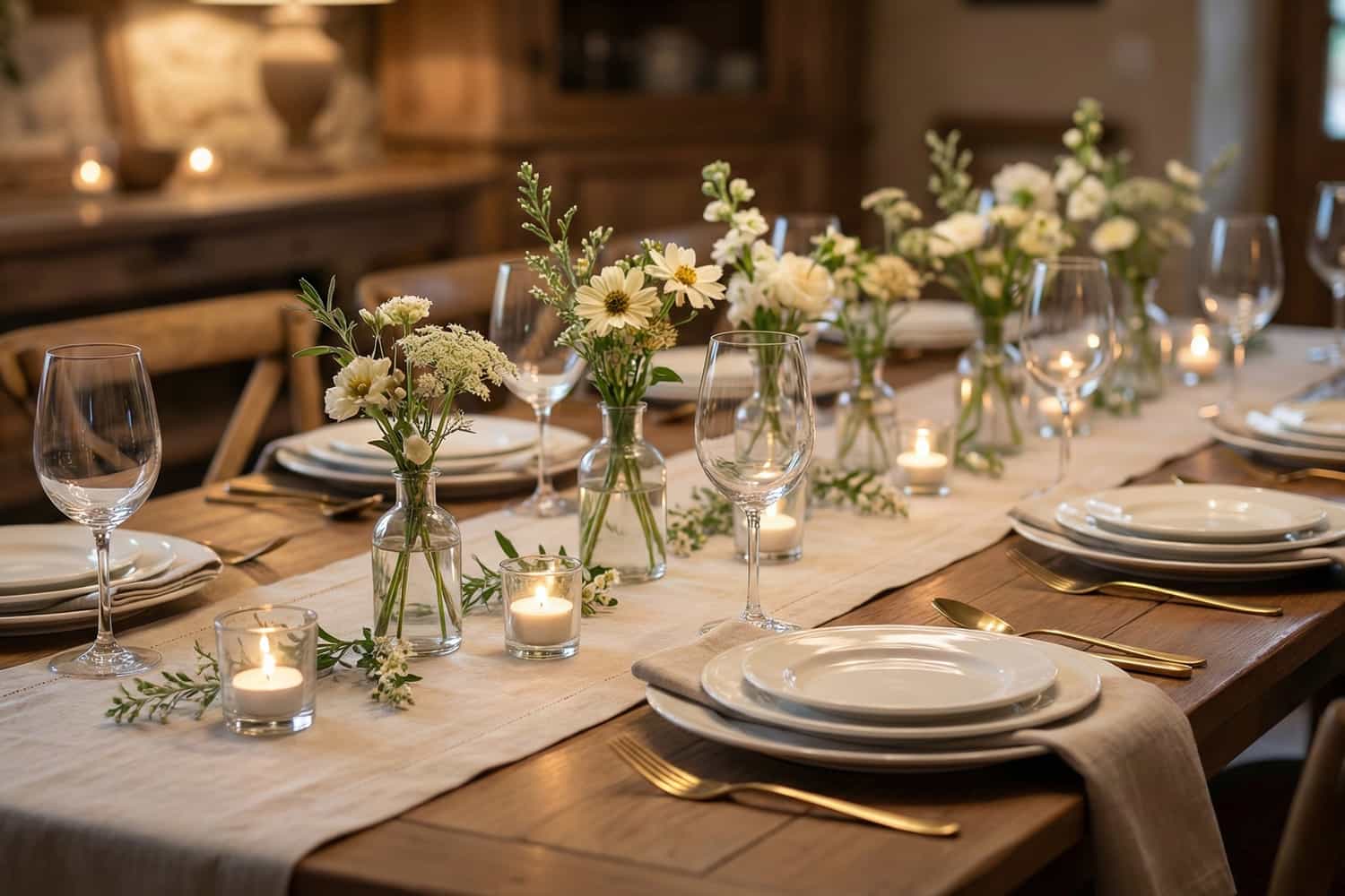Elegant table décor with layered plates, gold cutlery and small flower vases