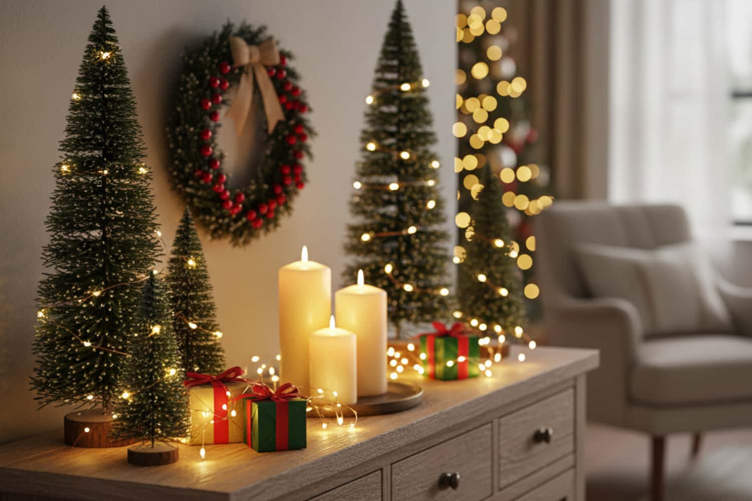 Seasonal décor set with mini trees, candles and wrapped gifts on a console