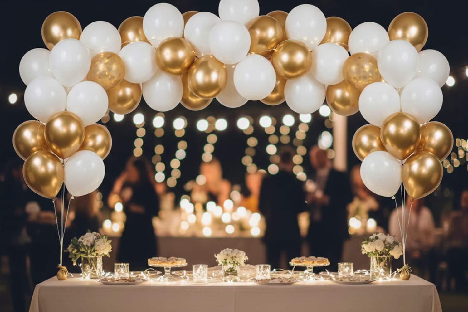 Photorealistic horizontal party backdrop showing a DIY balloon garland kit, mix of white, gold and champagne balloons in different sizes, balloons arranged above a dessert table with simple neutral tablecloth, soft evening string lights, blurred background, 16:9 aspect ratio, high resolution, no text